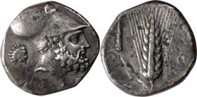ITALY. Lucania. Metapontion. AR Stater (Nomos) (7.56 gms), ca. 340-330 B.C. VERY FINE.

HGC-1, 1055; HN Italy-1575. Obverse: Helmeted head of Leukip...