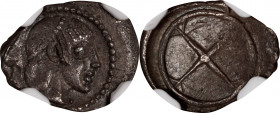SICILY. Syracuse. Hieron I, 478-466 B.C. AR Obol, ca. 475-470 B.C. NGC EF.

HGC-2, 1371. Obverse: Diademed head of Arethousa right; Reverse: Wheel w...