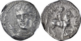 MACEDON. Kingdom of Macedon. Philip II, 359-336 B.C. AR 1/5 Tetradrachm (2.54 gms), Amphipolis Mint, 348/7-343/2 B.C. NGC Ch AU, Strike: 5/5 Surface: ...