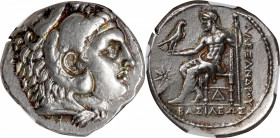 MACEDON. Kingdom of Macedon. Demetrios Poliorketes, 306-283 B.C. AR Tetradrachm (17.20 gms), Corinth Mint, ca. 304/3-290 B.C. NGC Ch EF, Strike: 3/5 S...