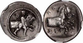 THESSALY. Trikka. AR Hemidrachm, ca. 440-400 B.C. NGC EF.

HGC-4, 311; BCD Thessaly-II, 768. Obverse: Youth wrestling forepart of bull facing right;...