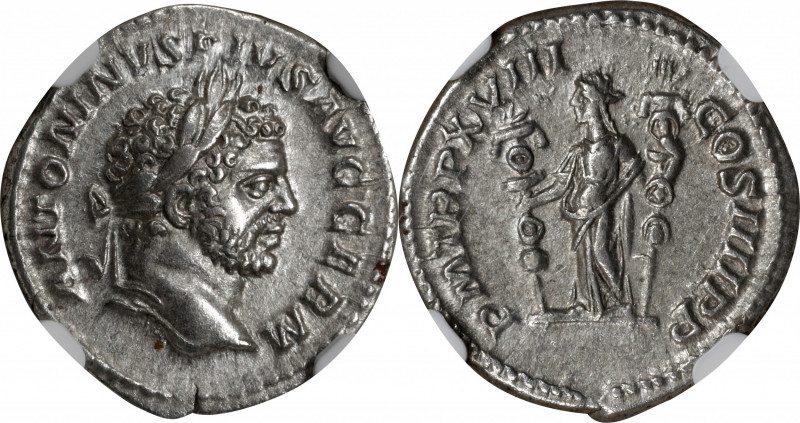 CARACALLA, A.D. 198-217. AR Denarius, Rome Mint, A.D. 215. NGC AU.

RIC-266; R...