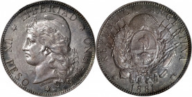 ARGENTINA. Peso, 1881. Buenos Aires Mint. PCGS AU-58.

KM-29. Just the second time we have offered this SCARCE first year type. This is also the fin...