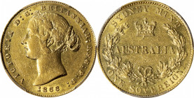 AUSTRALIA. Sovereign, 1866-SYDNEY. Sydney Mint. Victoria. PCGS AU-53.

Fr-10; KM-4. A charming example of the type with even yellow color and sating...