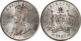 AUSTRALIA. Florin, 1931-(M). Melbourne Mint. George V. PCGS MS-65.

KM-27. A pleasing Gem with full silky luster and nicely original surfaces. The t...