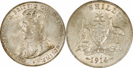 AUSTRALIA. Shilling, 1914-(L). London Mint. George V. PCGS MS-64.

KM-26. A lightly toned near-Gem with diffuse cartwheel luster and sharp strike de...