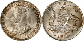 AUSTRALIA. 6 Pence, 1918-M. Melbourne Mint. George V. PCGS MS-64.

KM-25. An attractive near-Gem quality coin with full satiny luster, and pleasing ...