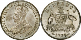 AUSTRALIA. 6 Pence, 1936-(M). Melbourne Mint. George V. PCGS MS-64.

KM-25. A fully lustrous and decently struck coin, with medium gray toning.