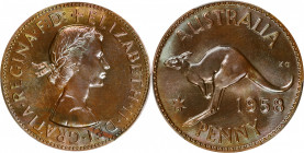 AUSTRALIA. Penny, 1958-(M). Melbourne Mint. Elizabeth II. PCGS PROOF-65 Brown.

KM-56. A boldly struck Proof with full glossy surfaces, medium brown...