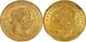 AUSTRIA. 4 Florins (10 Francs) Restrike, 1892. Vienna Mint. Franz Joseph I. NGC MS-65.

Fr-503R; KM-2260. An enticing Gem with frosty golden devices...