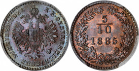 AUSTRIA. 5/10 Kreutzer, 1885. Franz Joseph I. PCGS MS-65 Brown.

KM-2184. A sharply struck Gem with blazing luster and gorgeous dark magenta to elec...