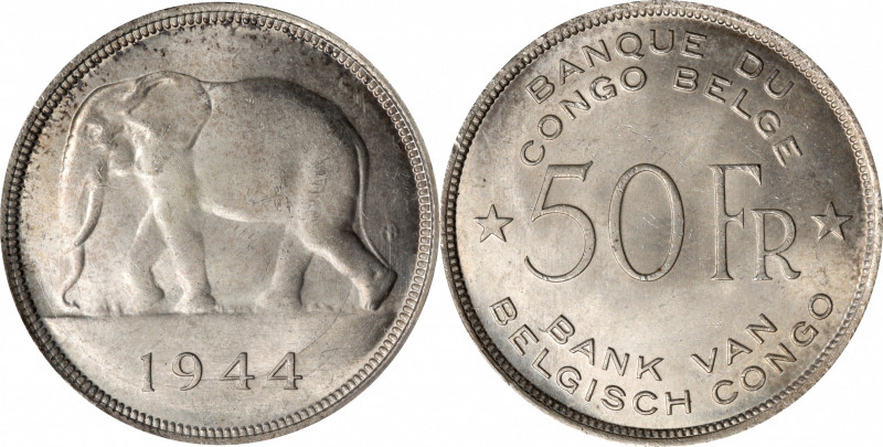 BELGIAN CONGO. 50 Francs, 1944. PCGS MS-64.

KM-27. Tied for the finest certif...