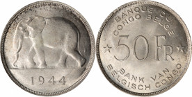 BELGIAN CONGO. 50 Francs, 1944. PCGS MS-64.

KM-27. Tied for the finest certified at PCGS. An entirely wholesome example with full cartwheel luster ...