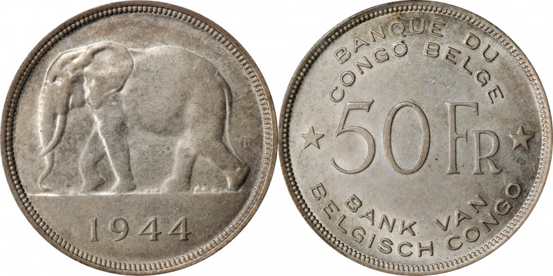 BELGIAN CONGO. 50 Francs, 1944. PCGS AU-55.

KM-27. A wholesome, decently stru...