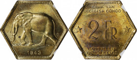 BELGIAN CONGO. 2 Francs, 1943. NGC MS-64.

KM-25. A bright brassy hexagonal coin with pleasing full luster and a splash of orange toning on the reve...