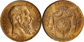 BELGIUM. 20 Francs, 1875. Brussels Mint. Leopold II. PCGS MS-66.

Fr-412; KM-37. A lustrous Gem with frosty surfaces and medium golden tone.