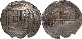 BOLIVIA. Cob 8 Reales, ND (1613-17)-P Q. Potosi Mint. Philip III. NGC AU-55.

KM-10; Cal-Type 164. Weight: 26.85 gms. A broadly struck and richly de...