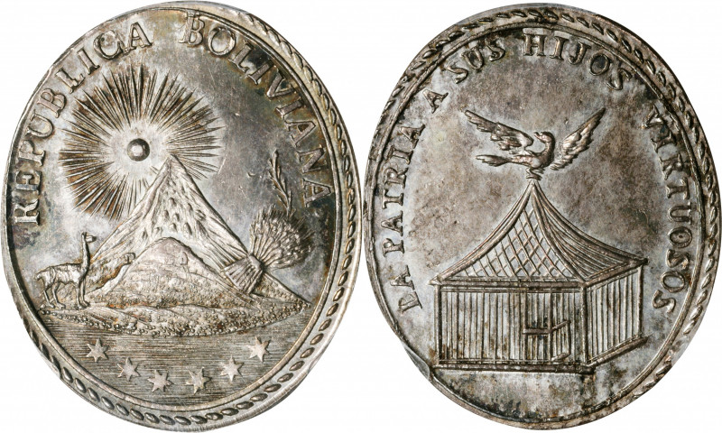 BOLIVIA. Oval Silver Progress Medal, ND (ca. 1850). PCGS MS-62.

Fon-9435. Obv...