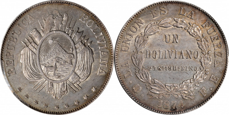 BOLIVIA. Boliviano, 1874-PTS FE. PCGS AU-58.

KM-160.1. With just one finer kn...