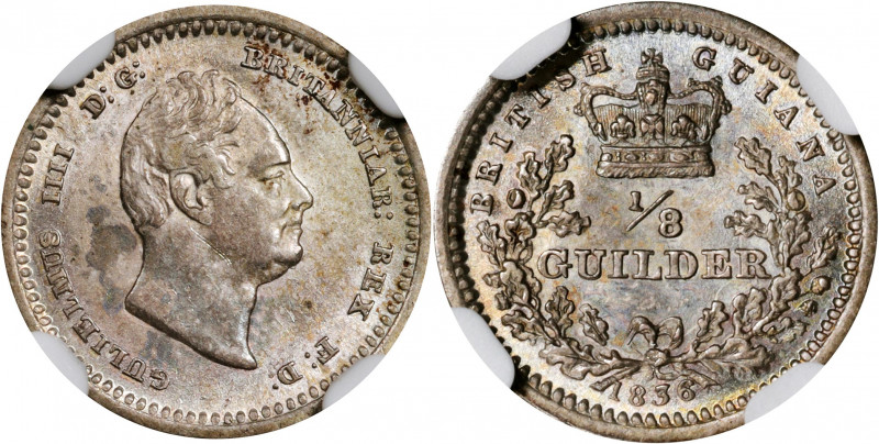 BRITISH GUIANA. 1/8 Guilder, 1836. London Mint. William IV. NGC AU-58.

KM-22....