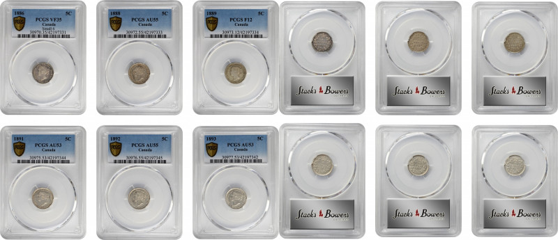 CANADA. Sextet of 5 Cents (6 Pieces), 1886-93. London Mint. Victoria. All PCGS C...