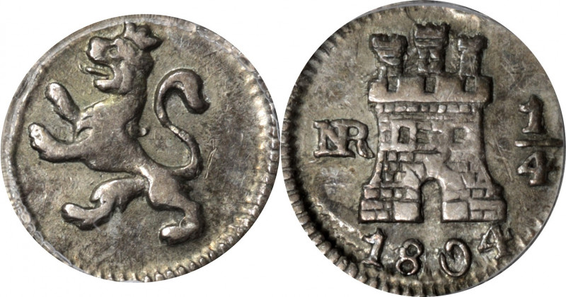 COLOMBIA. 1/4 Real, 1804-NR. Nuevo Reino Mint. Charles IV. PCGS AU-53.

KM-63;...