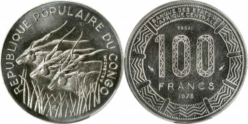 CONGO. Nickel 100 Francs Essai (Pattern), 1975. Paris Mint. PCGS SPECIMEN-69.
...