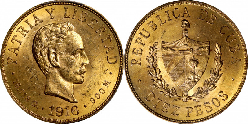 CUBA. 10 Pesos, 1916. Philadelphia Mint. PCGS MS-63.

Fr-3; KM-20. A lustrous ...