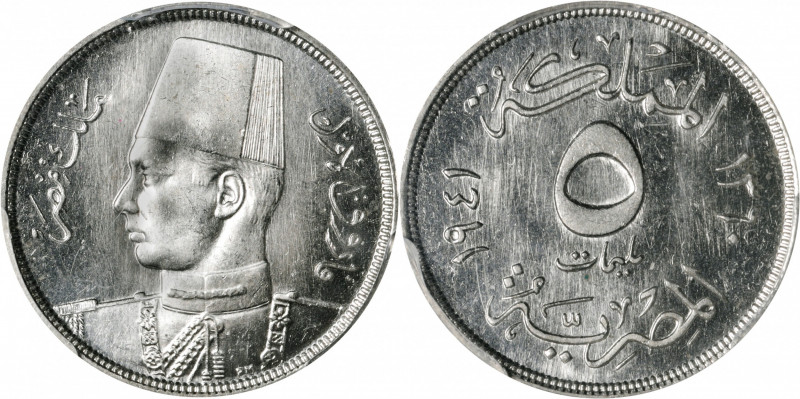 EGYPT. 5 Milliemes, AH 1360 (1941). Farouk. PCGS SPECIMEN-64.

KM-363. A flash...