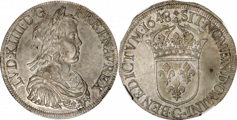 FRANCE. Ecu, 1648-G. Poitiers Mint. Louis XIV. NGC AU-50.

KM-155.6; Dav-3799;...