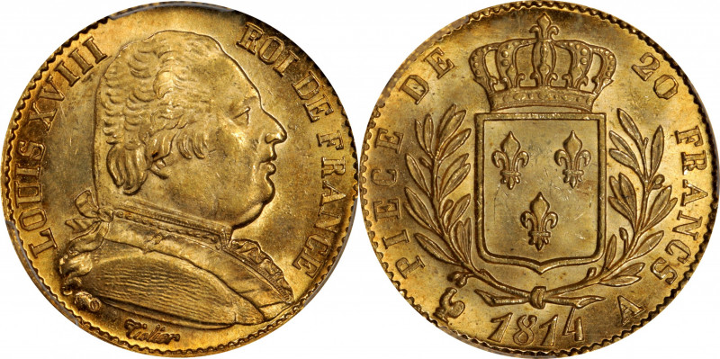 FRANCE. 20 Francs, 1814-A. Paris Mint. Louis XVIII. PCGS MS-64.

Fr-525; KM-70...