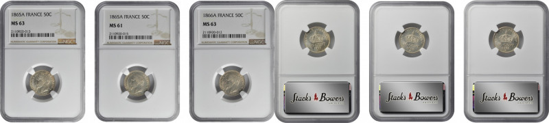 FRANCE. Trio of 50 Centimes (3 Pieces), 1865 & 1866. Paris Mint. All NGC Certifi...