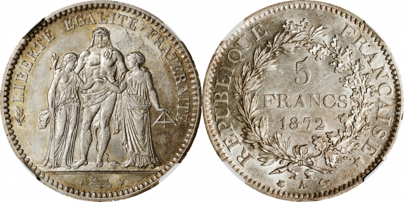 FRANCE. 5 Francs, 1872-A. Paris Mint. NGC MS-61.

KM-820.1; Gad-745a. A popula...