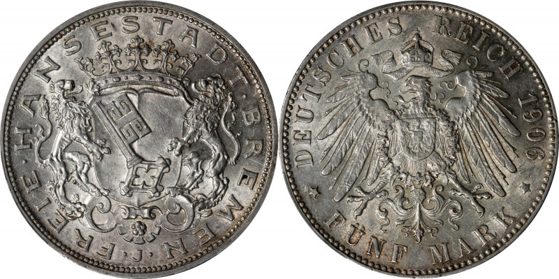 GERMANY. Bremen. 5 Mark, 1906-J. Hambug Mint. Free City. PCGS AU-58.

KM-251; ...