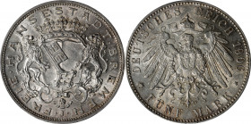 GERMANY. Bremen. 5 Mark, 1906-J. Hambug Mint. Free City. PCGS AU-58.

KM-251; J-60. This lightly circulated crown-sized issue has plenty of mint ori...