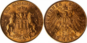 GERMANY. Hamburg. 20 Mark, 1913-J. Hamburg Mint. PCGS MS-64.

Fr-3777; KM-618; J-212. A boldly struck coin with blazing luster throughout, and a dee...
