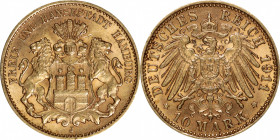GERMANY. Hamburg. 10 Mark, 1911-J. Hamburg Mint. ABOUT UNCIRCULATED.

Fr-3781; KM-292; J-211. A well struck coin with frosty luster remaining in the...