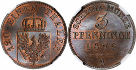 GERMANY. Prussia. 3 Pfennig, 1872-A. Berlin Mint. Wilhelm I. NGC MS-65 Brown.

KM-482; J-52. A gorgeous, well struck Gem with silky luster, and abun...