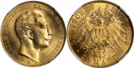 GERMANY. Prussia. 20 Mark, 1909-A. Berlin Mint. Wilhelm II. NGC MS-66+.

Fr-3831; KM-521; J-252. Pop: 1, none graded finer by NGC. A delightfully lu...