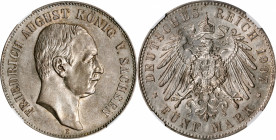 GERMANY. Saxony. 5 Mark, 1907-E. Muldenhutten Mint. Friedrich August III. NGC MS-62.

KM-1266; J-136. With a light finish of tone, this Saxony produ...