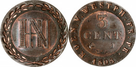 GERMANY. Westphalia. Copper 3 Centimes Pattern, 1808-J. Hamburg Mint. Hieronymous Napoleon. PCGS SPECIMEN-64 Brown.

cf. KM-93; VG-2046. Incuse lett...