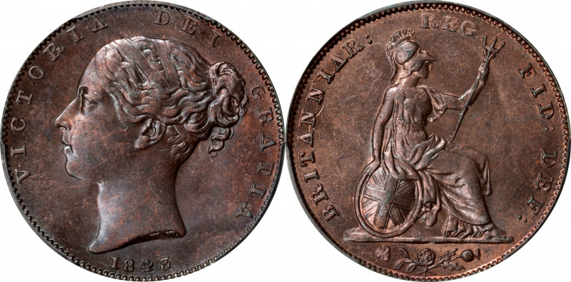 GREAT BRITAIN. Farthing (1/4 Penny), 1843. London Mint. Victoria. PCGS MS-63 Bro...