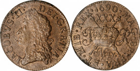 IRELAND. Gun Money 1/2 Crown, 1690 (May). Dublin Mint. NGC MS-62.

S-6580B; KM-95. A lovely medium chocolate brown, this popular type has mostly leg...