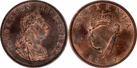 IRELAND. Penny, 1805. Soho (Birmingham) Mint. George III. PCGS PROOF-65 Red Brown.

S-6620; KM-148.1. Engrailed Edge Variety. The Gem Proof coin ent...