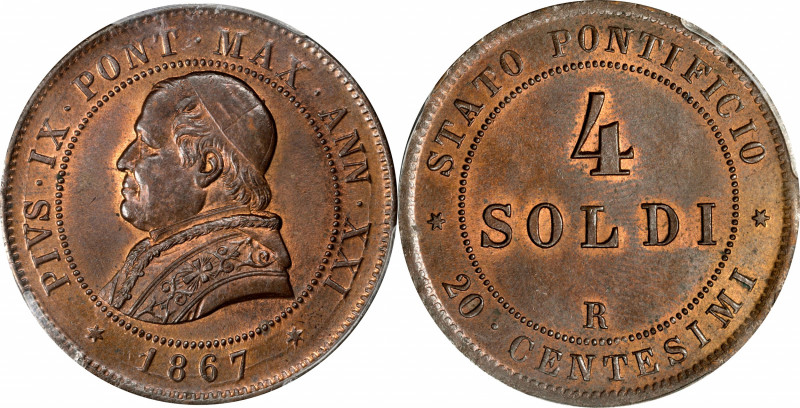 ITALY. Papal States. 4 Soldi, 1867-R Year XXI. Rome Mint. Pius IX. PCGS MS-64 Re...