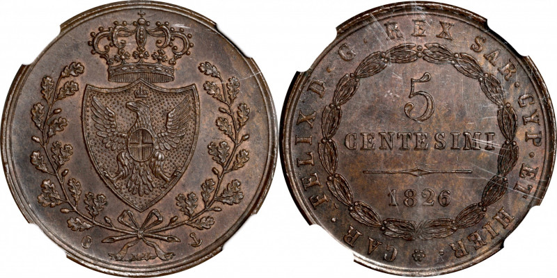 ITALY. Sardinia. 5 Centesimi, 1826-P. Genoa Mint. Carlo Felice. NGC MS-64 Brown....