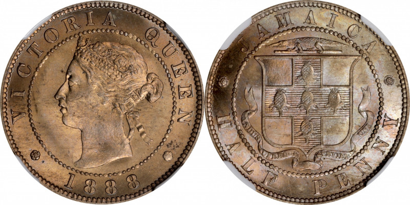 JAMAICA. 1/2 Penny, 1888. Victoria. NGC MS-65.

KM-16. A lustrous and pleasing...