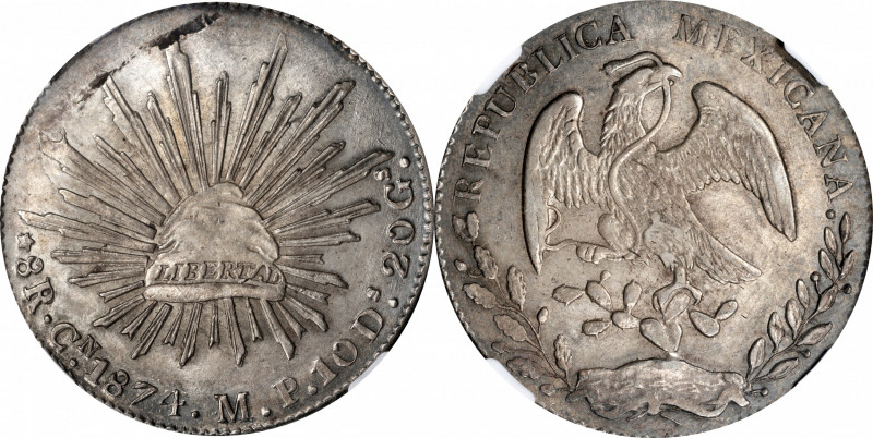 MEXICO. 8 Reales, 1874-Cn MP. Culiacan Mint. NGC MS-62.

KM-377.3; DP-Cn30. Va...