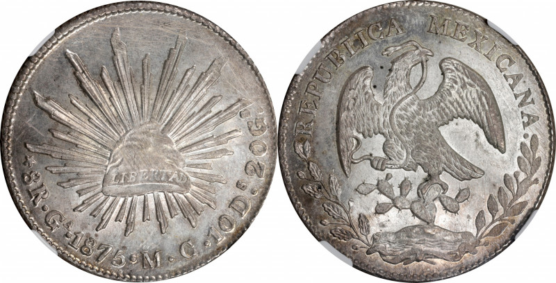 MEXICO. 8 Reales, 1875-Ga MC. Guadalajara Mint. NGC MS-63.

KM-377.6; DP-Ga55....