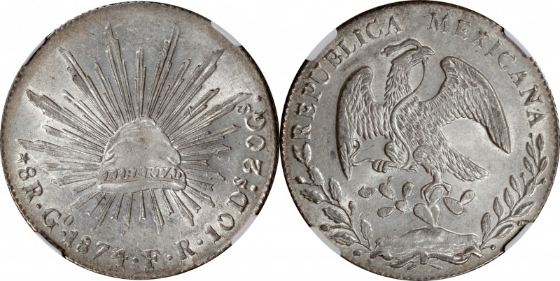 MEXICO. 8 Reales, 1874/3-Go FR. Guanajuato Mint. NGC MS-63.

KM-377.8; DP-Go54...